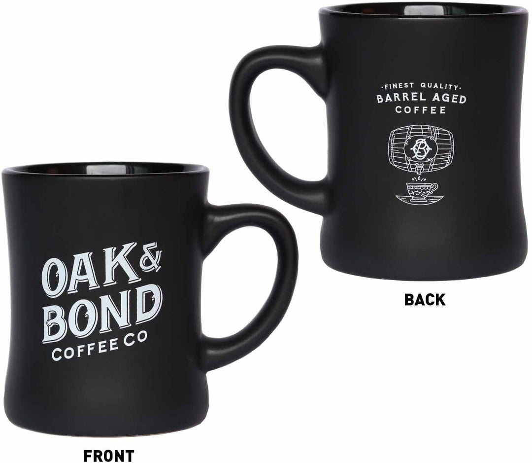 Oak & Bond Matte Black Ceramic Diner Coffee Mug, Barrel Aged Coffee Cup Coffee Co., 12 oz